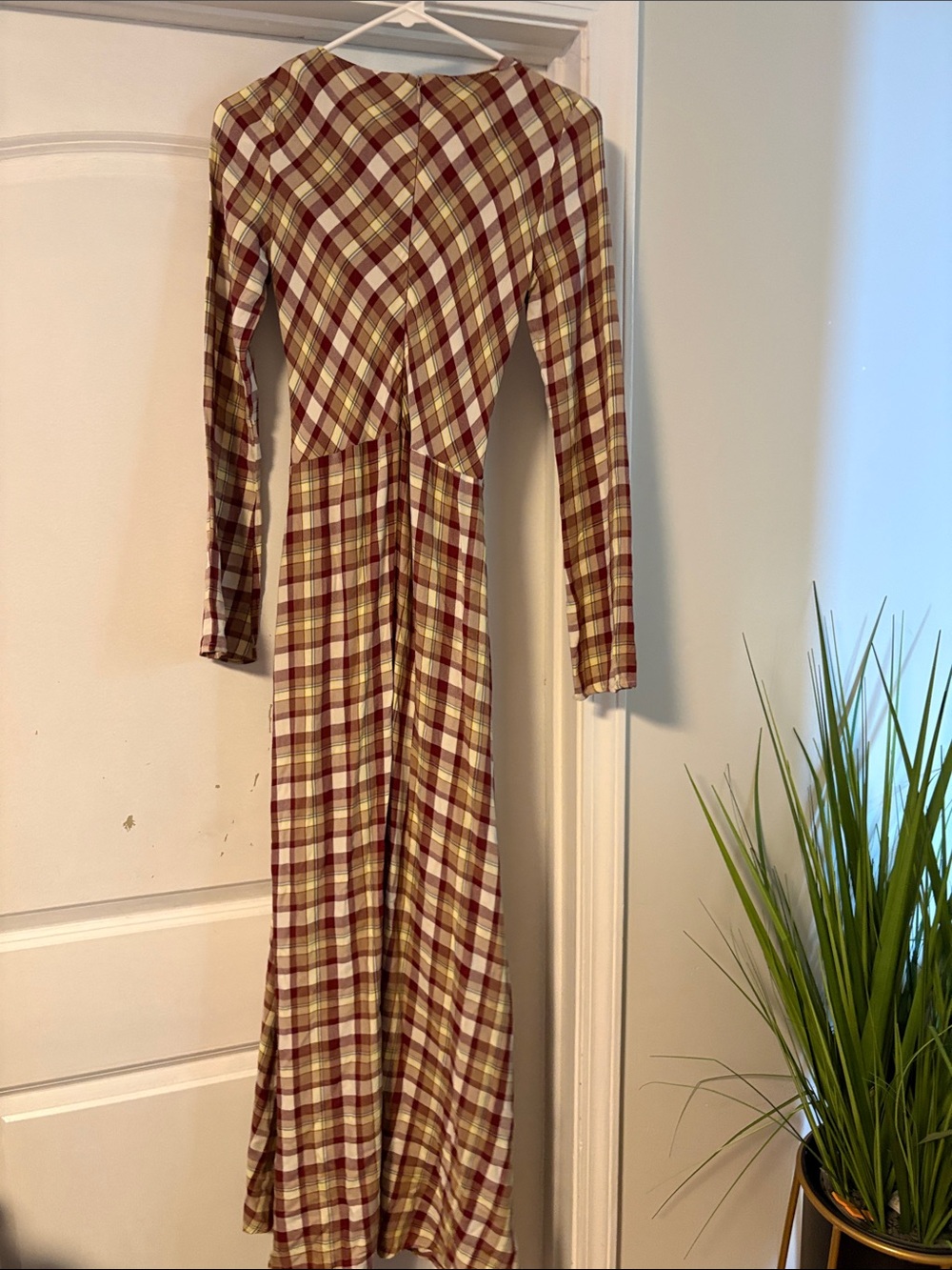 Plaid Long Sleeve Maxi Dress in Burgundy and Cream - Picture 4 of 5